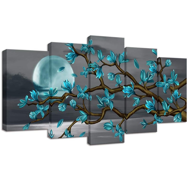 Visual Art Decor Beautiful Flowers Wall Art Abstract Teal Magnolia Blossom Over Sea Canvas Prints Gallery Wrap Floral Decoration Modern Living Room Bedroom Home Artwork Gift (W-50xH-24) - Image 1